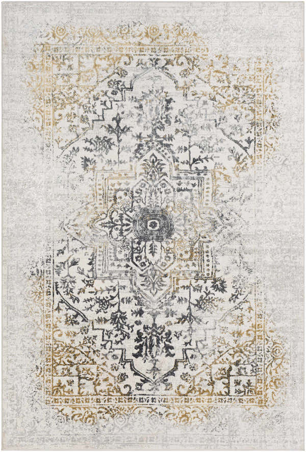 Close-up of the Morriston Faux Silk Rug. Features a traditional, vintage-inspired pattern in charcoal, gray, and mustard tones. Design-Rectangle-5373