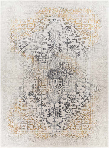 Close-up of the Morriston Faux Silk Rug. Features a traditional design in charcoal, gray, and mustard on a light background. Design-Rectangle-710103