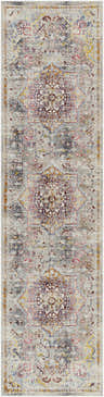 Close-up of the Mortdale Area Rug, a runner with a traditional oriental pattern in aqua, burgundy, gray, and mustard tones. Design-Runner-29103