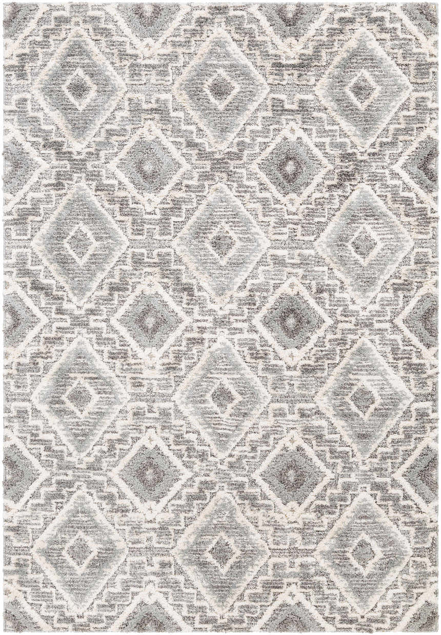 Close-up of the Moruya Area Rug. Beige, charcoal, and cream diamond pattern. Farmhouse style rug. Design-Rectangle-5373