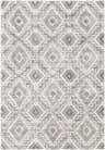 Close-up of the Moruya Area Rug. Beige, charcoal, and cream diamond pattern. Farmhouse style rug. Design-Rectangle-5373