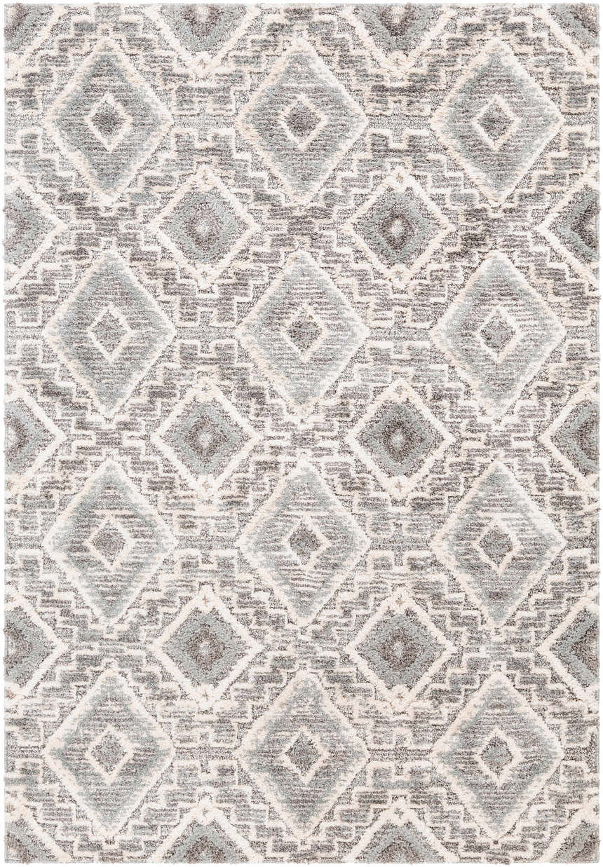 Close-up of the Moruya Area Rug, featuring a diamond pattern in beige, charcoal, cream, and gray tones. Design-Rectangle-5373
