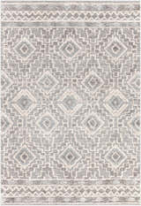 Close-up of the Moruya Area Rug. Beige, charcoal, and cream geometric diamond pattern. Farmhouse style. Design-Rectangle-6796