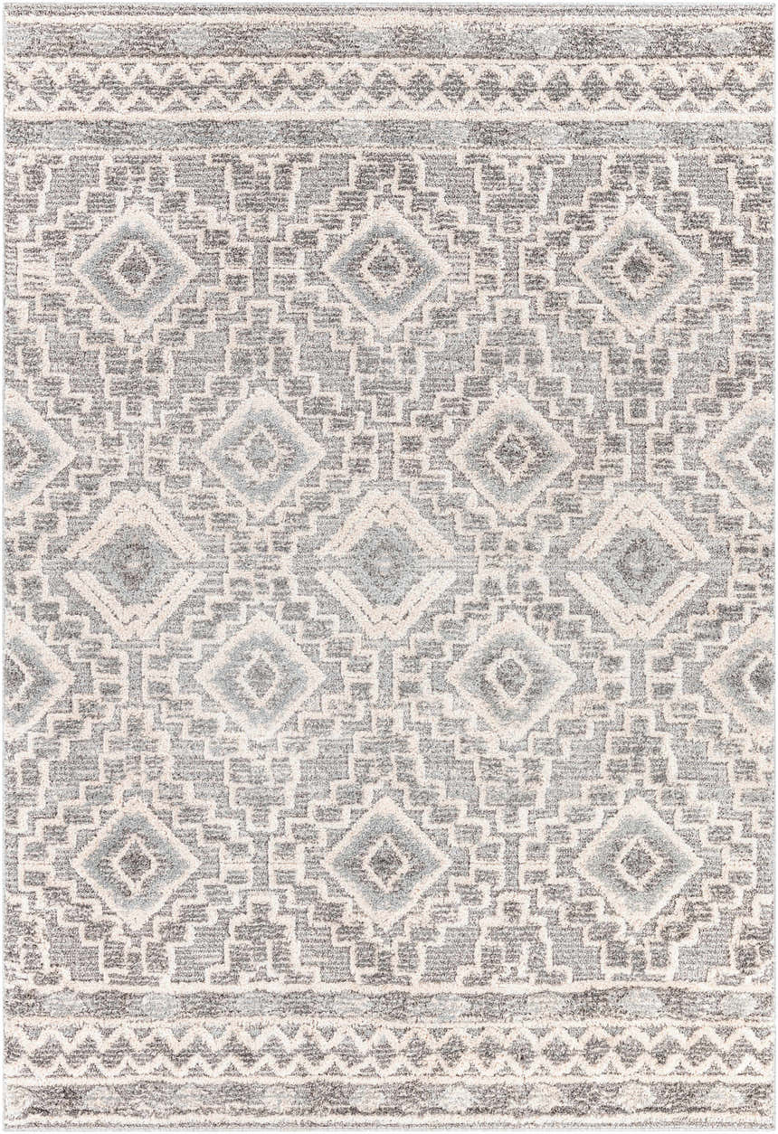 Close-up of the Moruya Area Rug. Beige, charcoal, and cream geometric diamond pattern. Farmhouse style. Design-Rectangle-6796