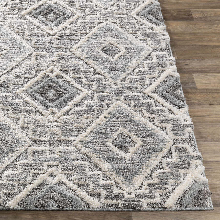 Close-up of the Moruya Area Rug. Beige, charcoal, and cream diamond pattern with a textured, machine-woven construction. Front