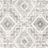 Close-up of the Moruya Area Rug. Beige, charcoal, and cream diamond pattern. Farmhouse style, machine woven texture. Swatch