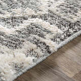 Close-up of the Moruya Area Rug showing its beige, charcoal, and cream abstract pattern and soft, plush texture. Texture