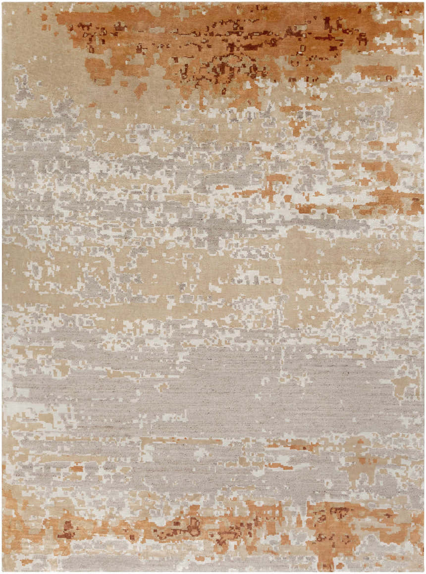 Close-up of the contemporary Mossyrock Premium Rug. Abstract design in brick red, camel, cream, light gray, mustard, and tan. Design-Rectangle-811