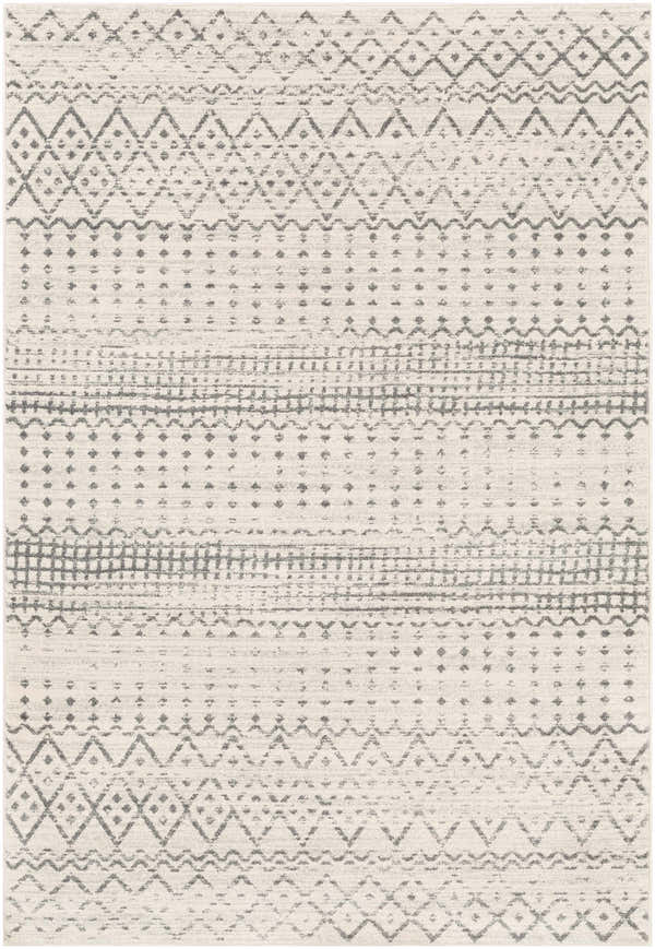 Close-up of Moweaqua Area Rug featuring a farmhouse-style geometric pattern in charcoal, gray, and ivory. Design-Rectangle-5373