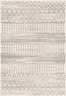 Close-up of Moweaqua Area Rug featuring a farmhouse-style geometric pattern in charcoal, gray, and ivory. Design-Rectangle-5373