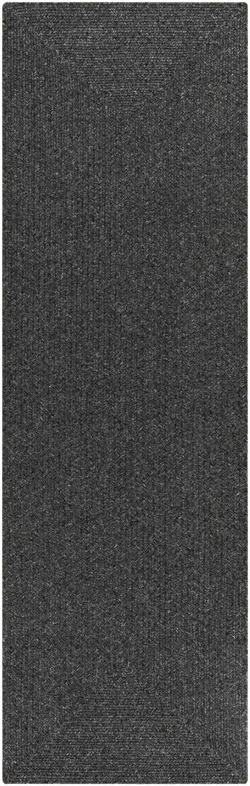 Close-up of a textured Black Braided Faux Jute Rug. The rug has a woven, braided design. Design-Runner-268