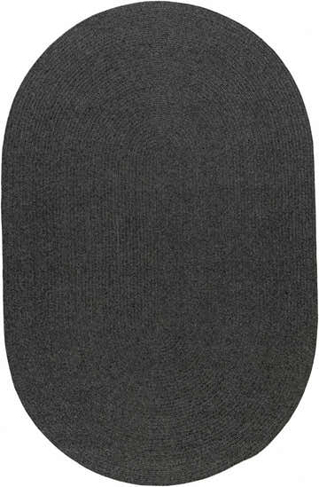 Close-up of a black braided faux jute rug, showing the texture and oval shape. Design-Oval-576