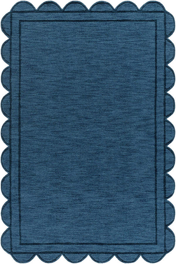 Close-up of the hand-loomed Uhuro Blue Geometric Area Rug, featuring a unique scalloped edge and textured wool. Design-Rectangle-576