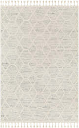 Close-up of Mpumalanga Area Rug. Bone and gray geometric pattern with tassels. Contemporary, Mid-Century Modern style. Design-Rectangle-537
