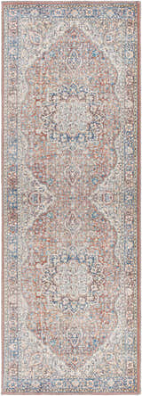 Close-up of the Cream Rust Maribojoc Medallion Washable Area Rug, showcasing its oriental design, rust, cream, and blue colors. Design-Runner-2773