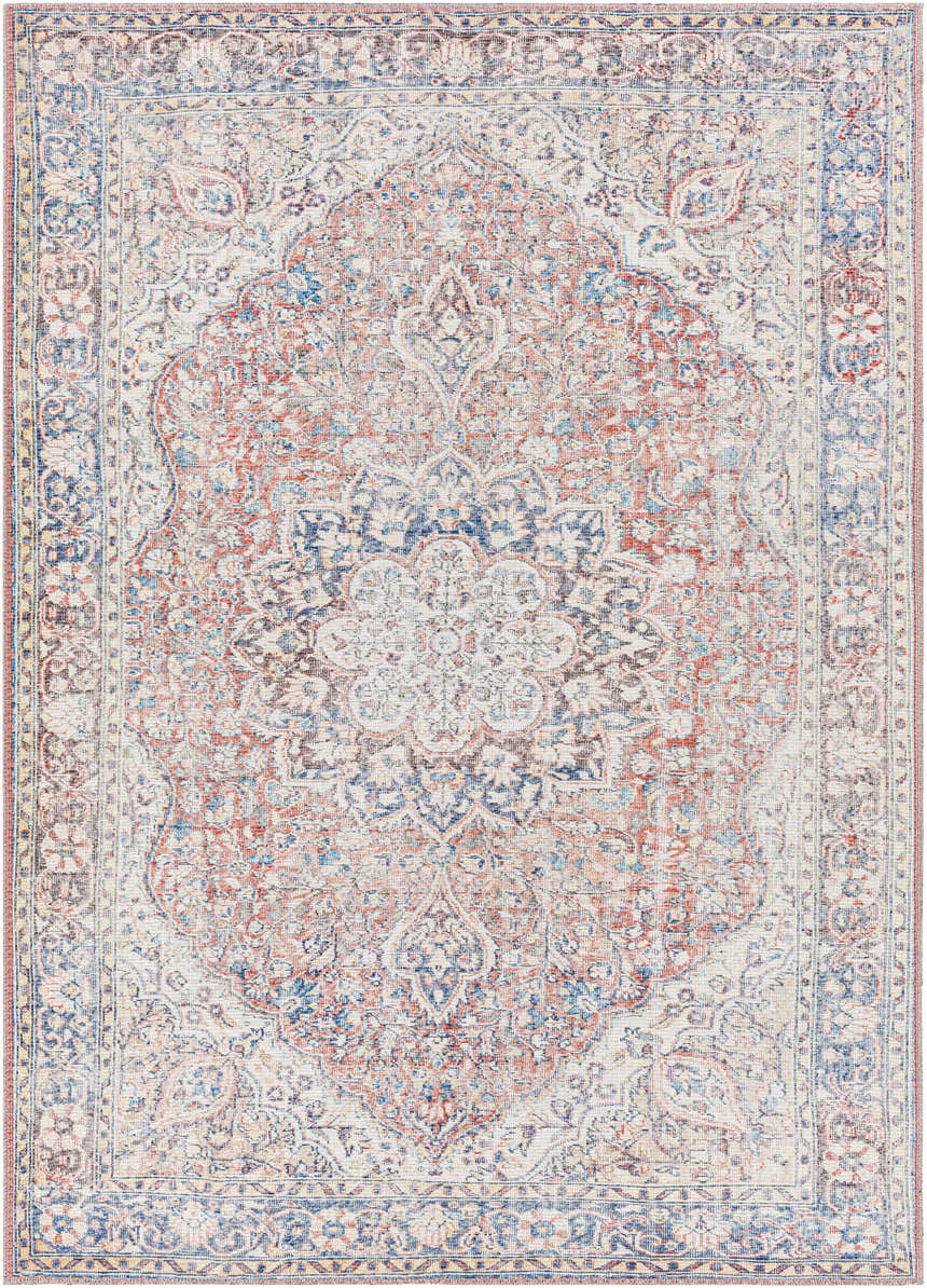 Close-up of the Cream Rust Maribojoc Medallion Washable Area Rug, showcasing its oriental pattern and chenille-polyester texture. Design-Rectangle-5373
