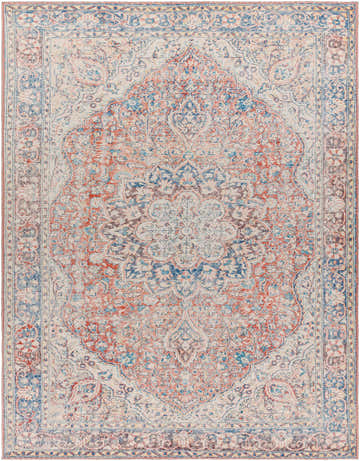 Close-up of the Cream Rust Maribojoc Medallion Washable Area Rug, showcasing its traditional oriental design and soft chenille texture. Design-Rectangle-710102