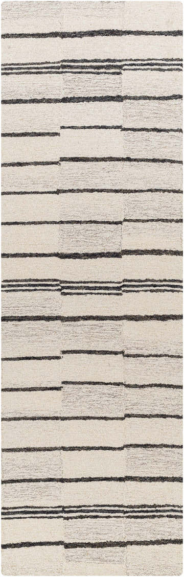 Close-up of the Moorebank Black Striped Wool Rug. Beige wool rug with a black horizontal striped pattern. Hand-tufted texture. Design-Runner-268