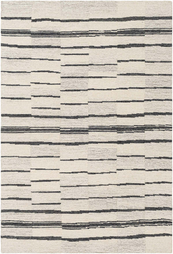 Close-up of a Moorebank Black Striped Wool Rug. Beige wool with a modern, geometric black stripe pattern. Hand-tufted texture. Design-Rectangle-576