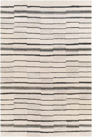 Close-up of the Moorebank Black Striped Wool Rug, featuring a beige background and bold, contemporary black stripes. Design-Rectangle-69
