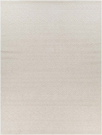 Close-up of the cream Maribyrnong 3D Outdoor Area Rug. Features a textured, geometric, bohemian-inspired pattern. Design-Rectangle-71010