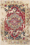 Close-up of the hand-knotted Marchand Jute Carpet. Features a traditional design with red, beige, and charcoal colors. Design-Rectangle-58