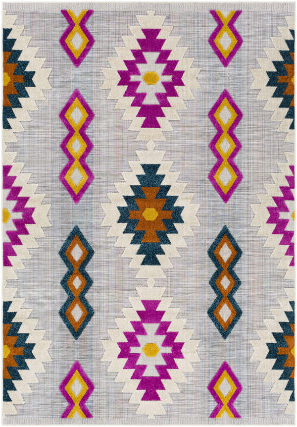 Close-up of Alburg Southwestern Magenta Carpet featuring geometric shapes and colors like magenta, yellow, and navy. Design-Rectangle-537