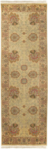 Close-up of the hand-knotted Maurice Area Rug; brick red, brown, and olive floral pattern on a neutral background. Design-Runner-268