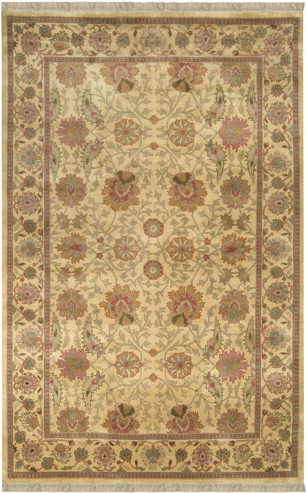 Hand-knotted Maurice Area Rug with traditional floral pattern in brick red, brown, mustard, and olive on a cream background. Design-Rectangle-5686