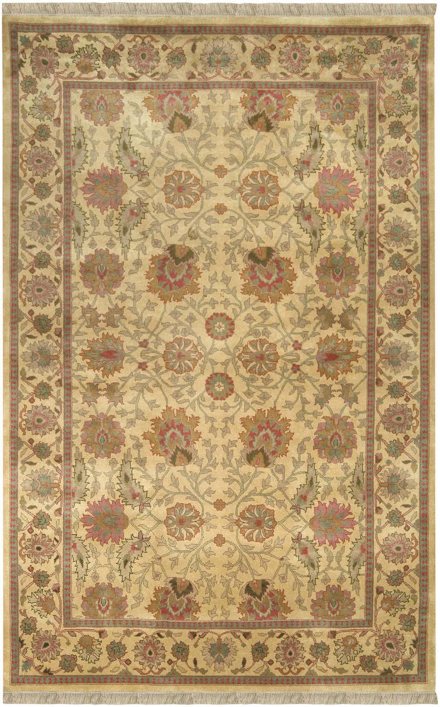 Hand-knotted Maurice Area Rug with traditional floral pattern in brick red, brown, mustard, and olive on a cream background. Design-Rectangle-5686