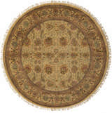 Round Maurice Area Rug with brick red, brown, and olive floral pattern and fringe. Hand-knotted NZ wool. Design-Round-8