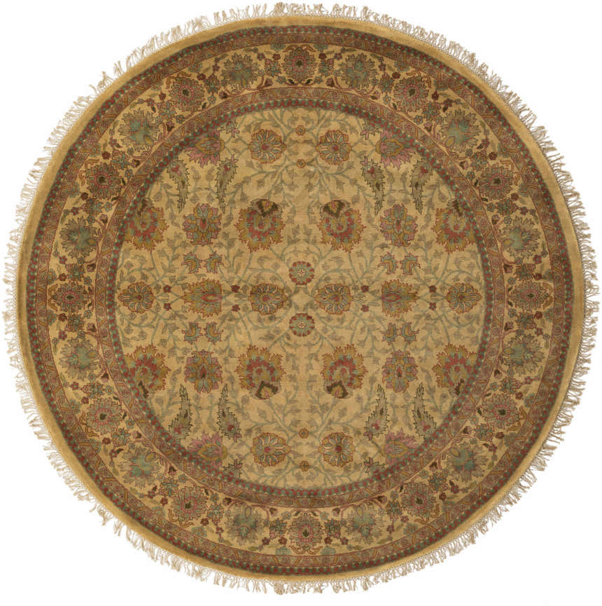 Round Maurice Area Rug with brick red, brown, and olive floral pattern and fringe. Hand-knotted NZ wool. Design-Round-8