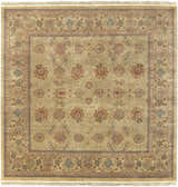 Close-up of the hand-knotted Maurice Area Rug, featuring brick red, brown, and mustard floral patterns on a neutral background. Design-Square-8