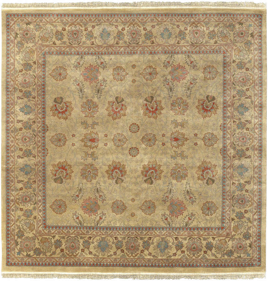 Close-up of the hand-knotted Maurice Area Rug, featuring brick red, brown, and mustard floral patterns on a neutral background. Design-Square-8
