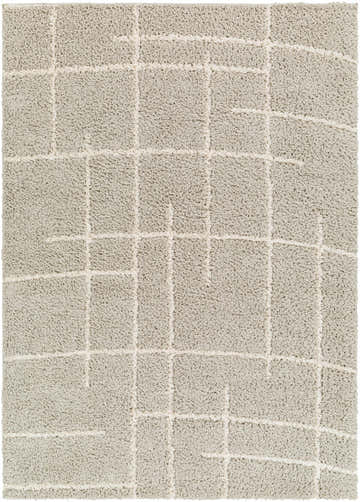 Close-up of the Maro Area Rug showing a shag texture and a light gray and lambswool grid pattern. Design-Rectangle-537