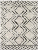 Close-up of the Mooroolbark Area Rug, a shaggy rug with a geometric diamond pattern in ivory and gray. Design-Rectangle-527