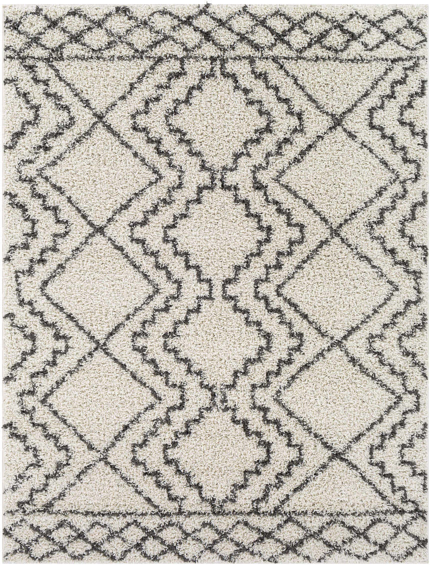 Close-up of the Mooroolbark Area Rug, a shaggy rug with a geometric diamond pattern in ivory and gray. Design-Rectangle-527