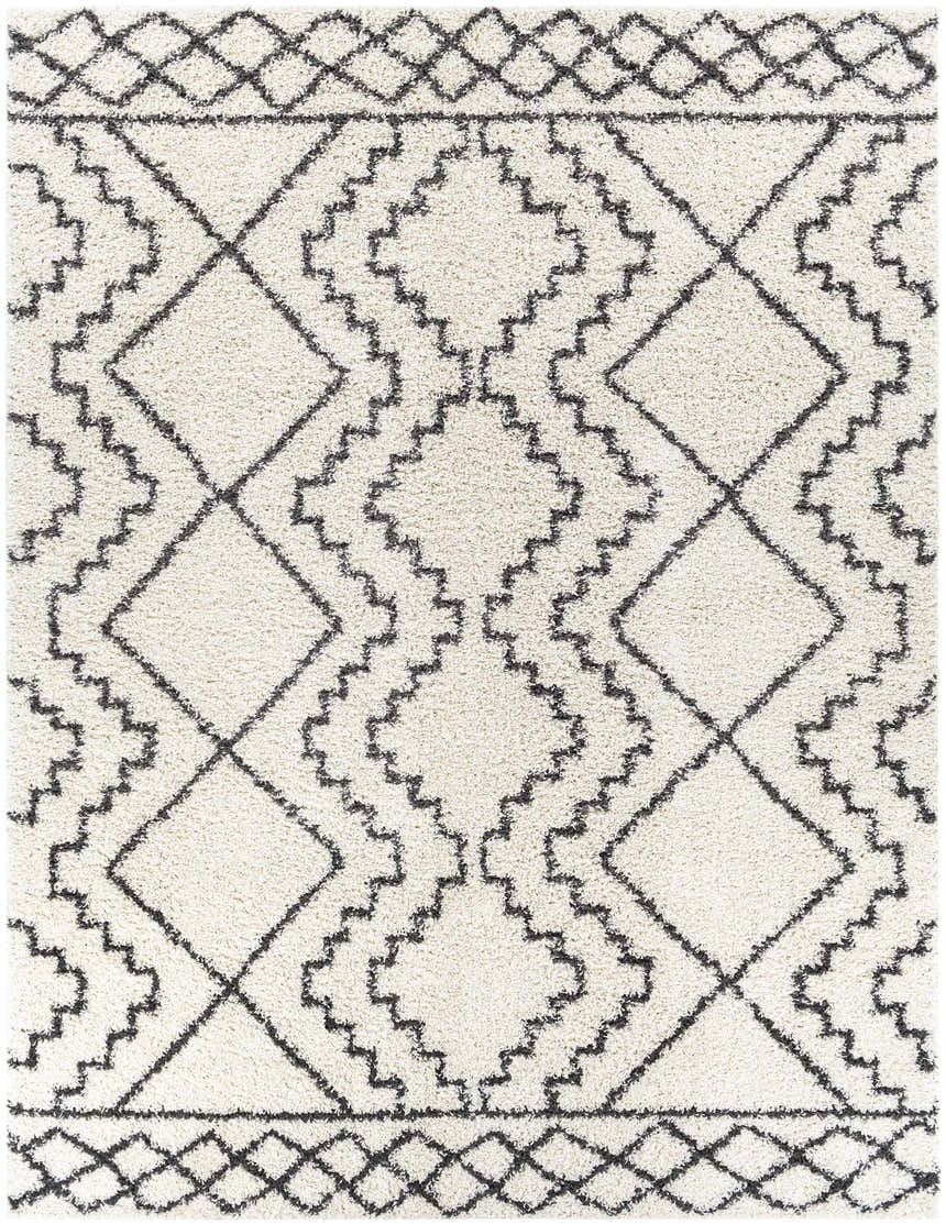 Close-up of the Mooroolbark Area Rug. Ivory shag rug with a black geometric diamond pattern. Perfect for bathroom or kitchen. Design-Rectangle-71010