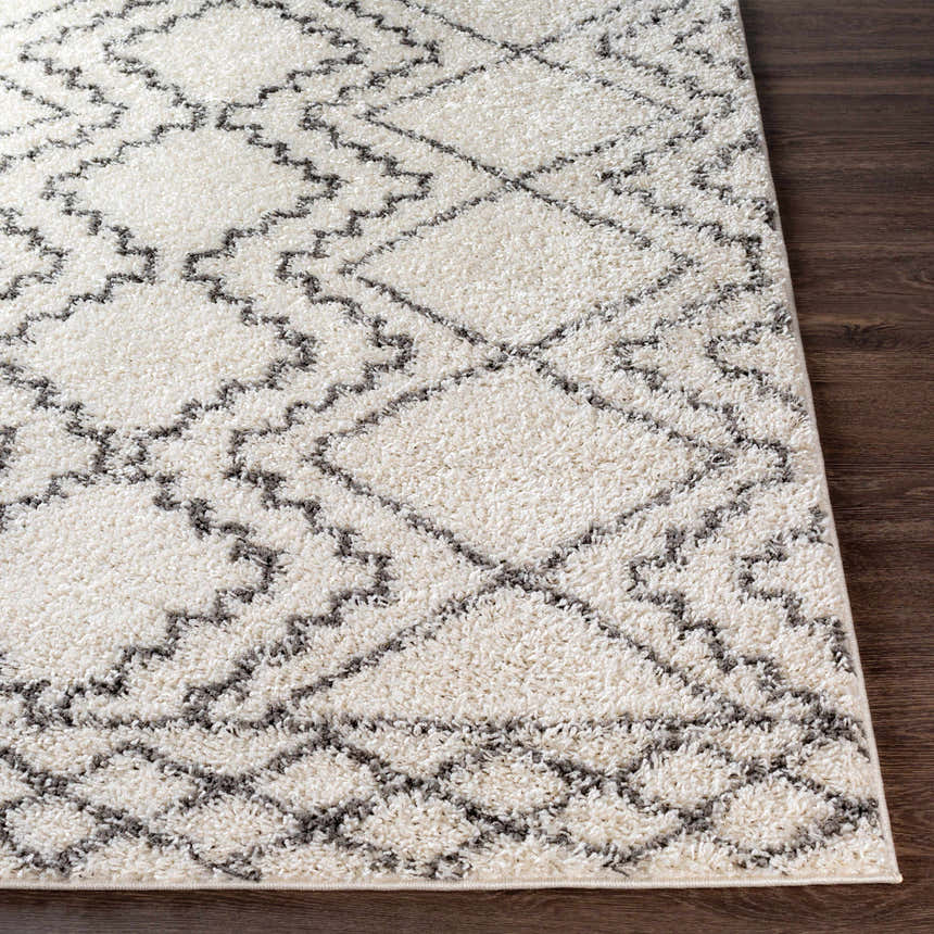 Close-up of the Mooroolbark Area Rug. Ivory shag rug with a gray geometric diamond pattern. Soft texture. Front