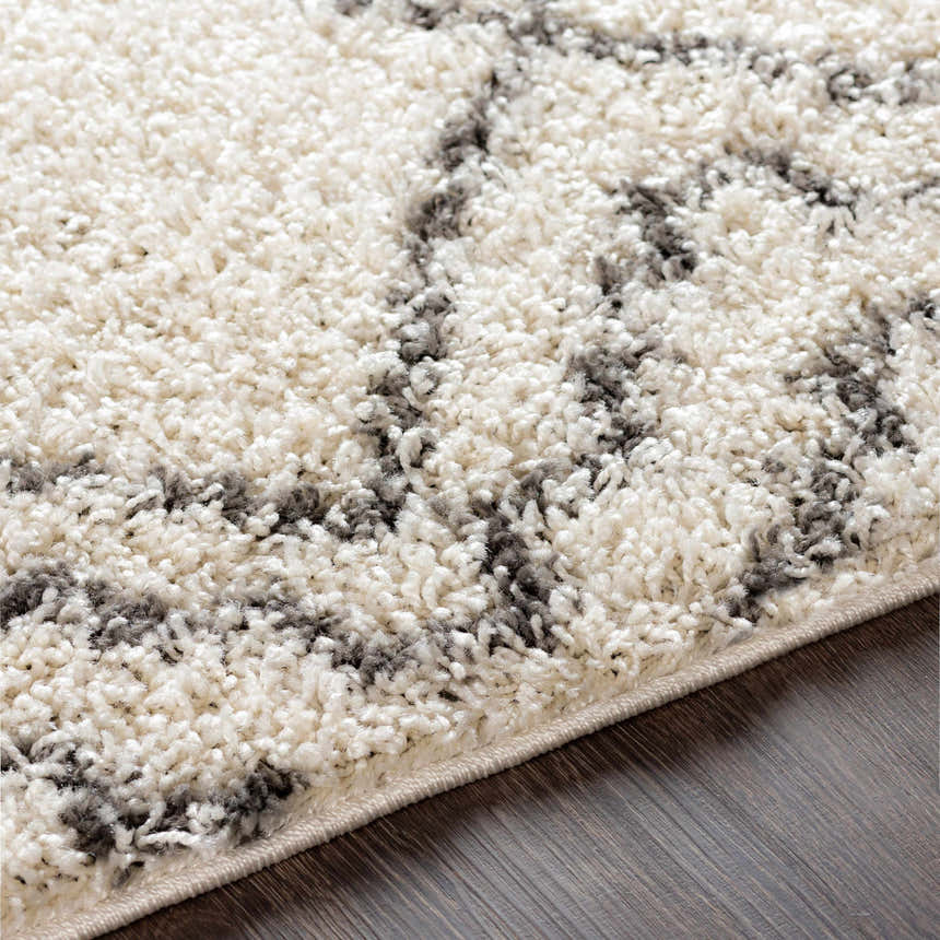 Close up of the Mooroolbark Area Rug showing its plush texture and geometric gray pattern on a cream background. Texture