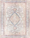 Close-up of the Moora Washable Area Rug, a traditional rug with aqua, brown, and coral floral patterns and a distressed finish. Design-Rectangle-710102