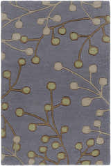 Close-up of the Elsu Brown Beige Wool Rug with a botanical design in light brown, beige, and green on a gray background. Design-Rectangle-23