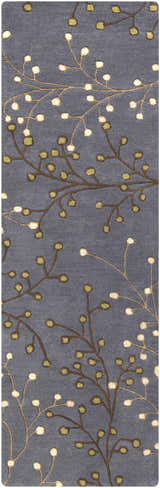 Close-up of the Elsu Brown Beige Wool Rug featuring a floral design with brown branches and beige and green buds. Design-Runner-268