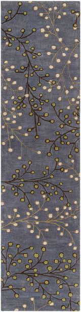 Close-up of the Elsu Brown Beige Wool Rug, featuring a floral pattern with dark brown, beige, and green accents on a denim blue background. Design-Runner-312