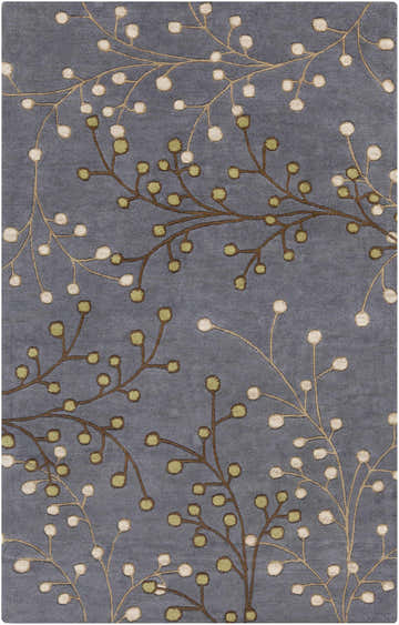 Close-up of the Elsu Brown Beige Wool Rug. Features a floral design with brown stems and beige & green buds on a gray background. Design-Rectangle-58