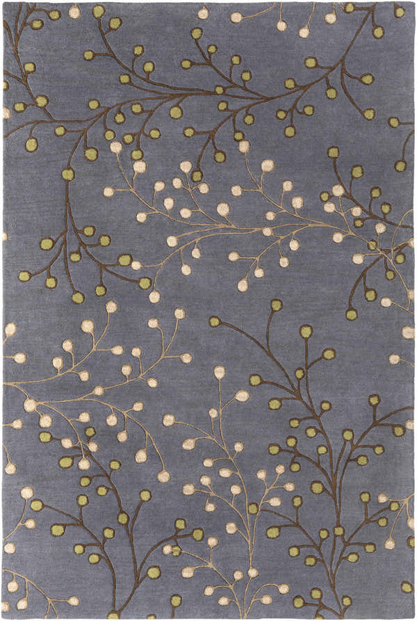 Close-up of the Elsu Brown Beige Wool Rug featuring a floral vine pattern in brown, beige, and green on a gray background. Design-Rectangle-69