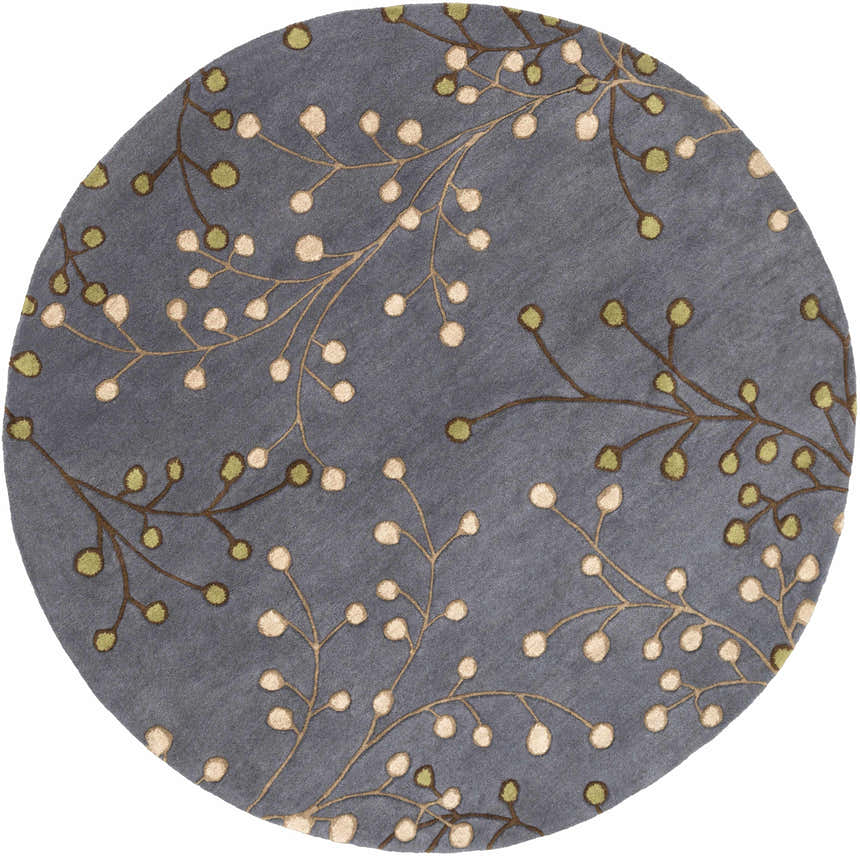 Close-up of the round Elsu Brown Beige Wool Rug featuring a floral pattern with brown stems and beige and green buds. Design-Round-6