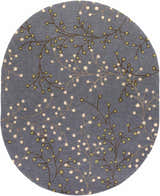 Close-up of the Elsu Brown Beige Wool Rug, featuring a floral pattern with brown branches and beige and green buds. Design-Oval-810