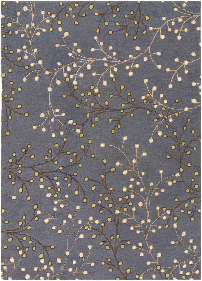 Close-up of the Elsu Brown Beige Wool Rug featuring a floral branch pattern in beige, brown, and green on a denim blue background. Design-Rectangle-811