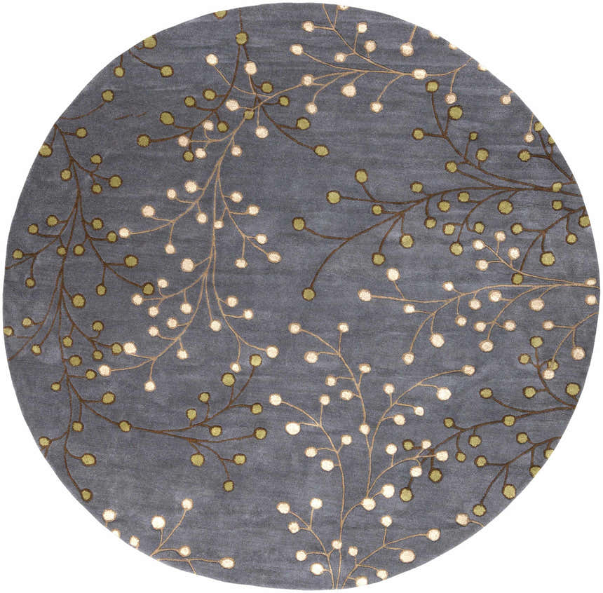 Close-up of round Elsu Brown Beige Wool Rug featuring a floral design with brown branches and beige & green berries. Design-Round-8